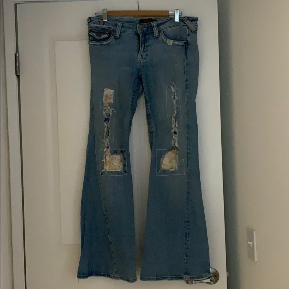Ripped/patchwork detail flared jeans SZ 9/10